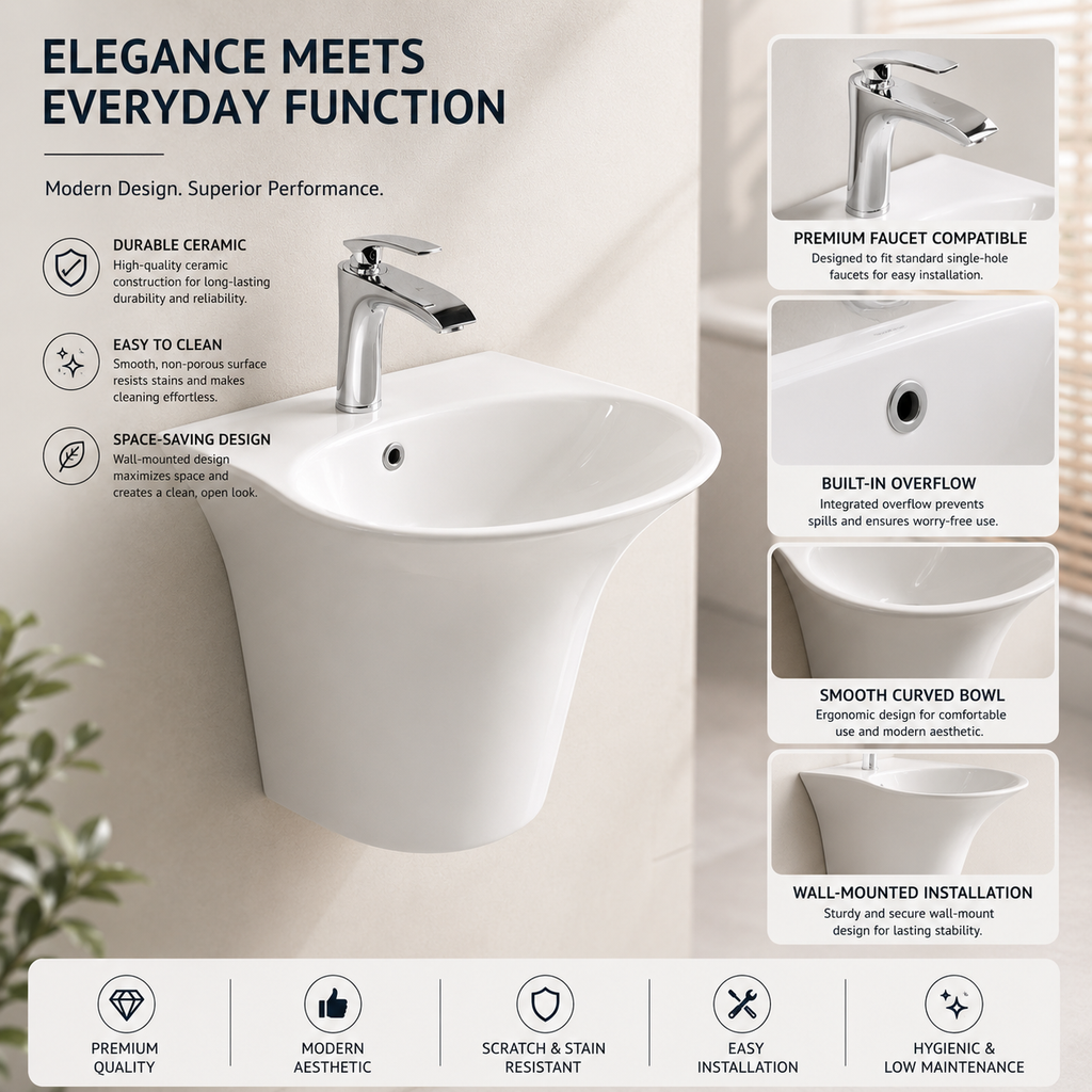 Household Ceramic Wall-Mounted Basin — Classic White, 490×450×340mm