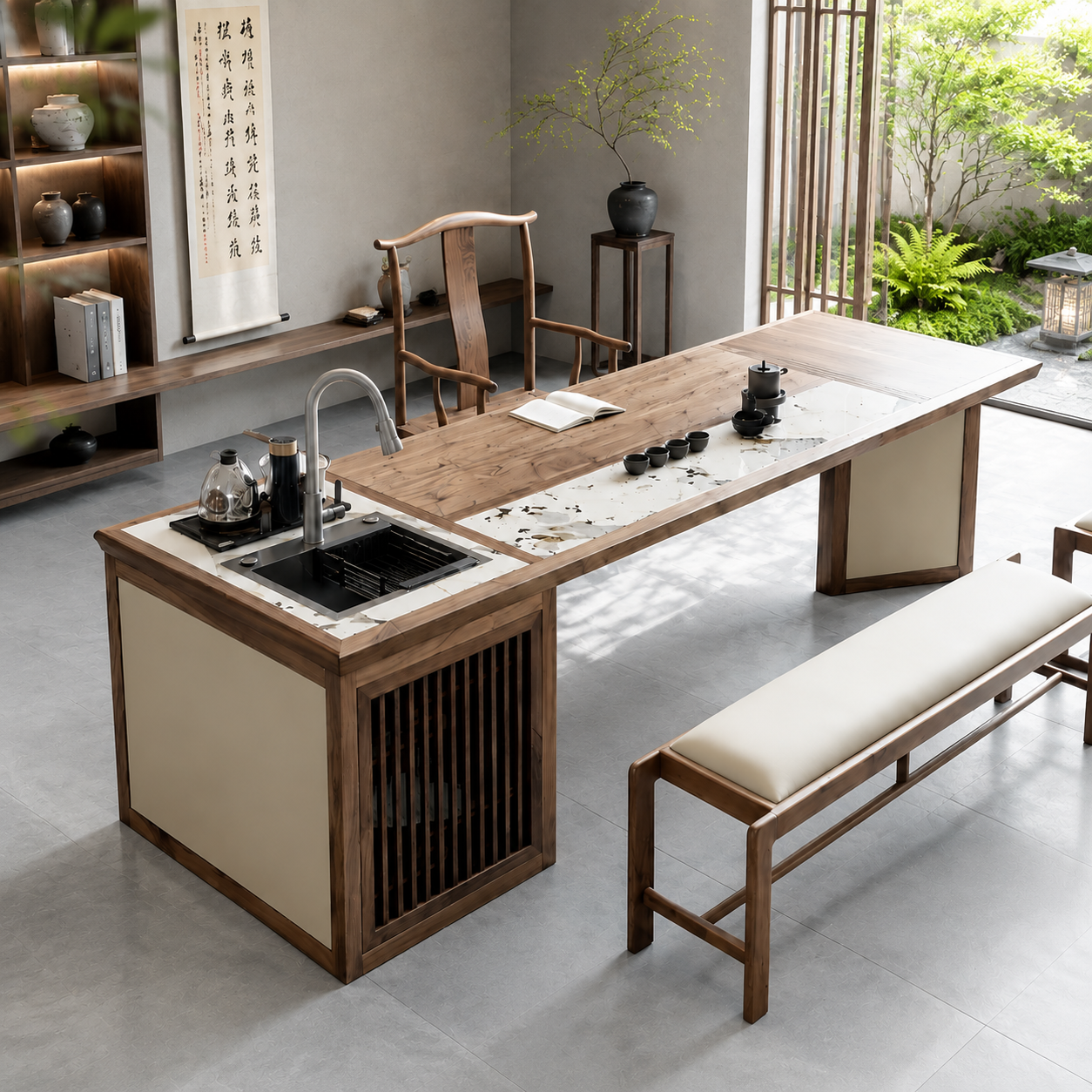 Premium Black Walnut Tea Table — Modern Chinese Style