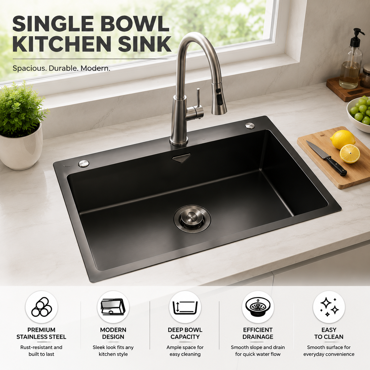 Large Single-Bowl Stainless Steel Kitchen Sink