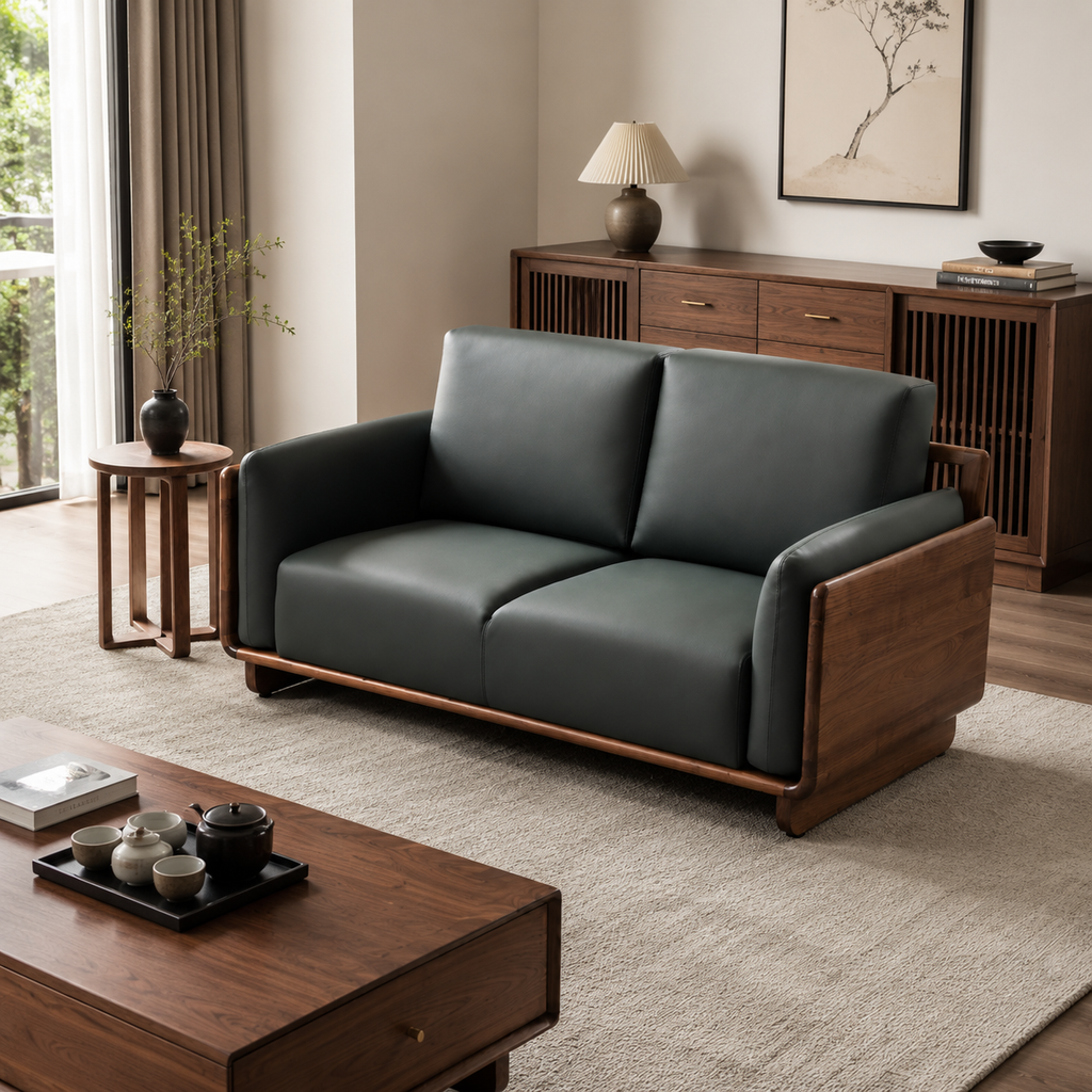 Modern Minimalist Black Walnut & Genuine Leather Straight Sofa