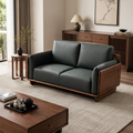Modern Minimalist Black Walnut & Genuine Leather Straight Sofa