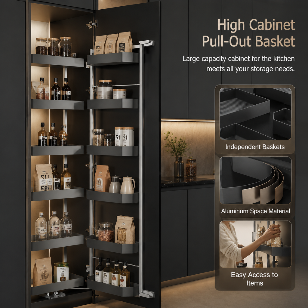 Multi-Tier Tandem Swing-Door Tall Cabinet Pull-Out Basket for Snacks & Seasonings