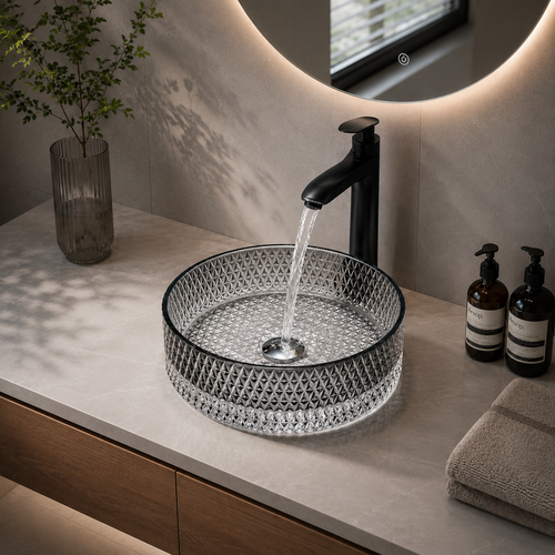 Diamond-Pattern Glass Vessel Basin — Light Luxury