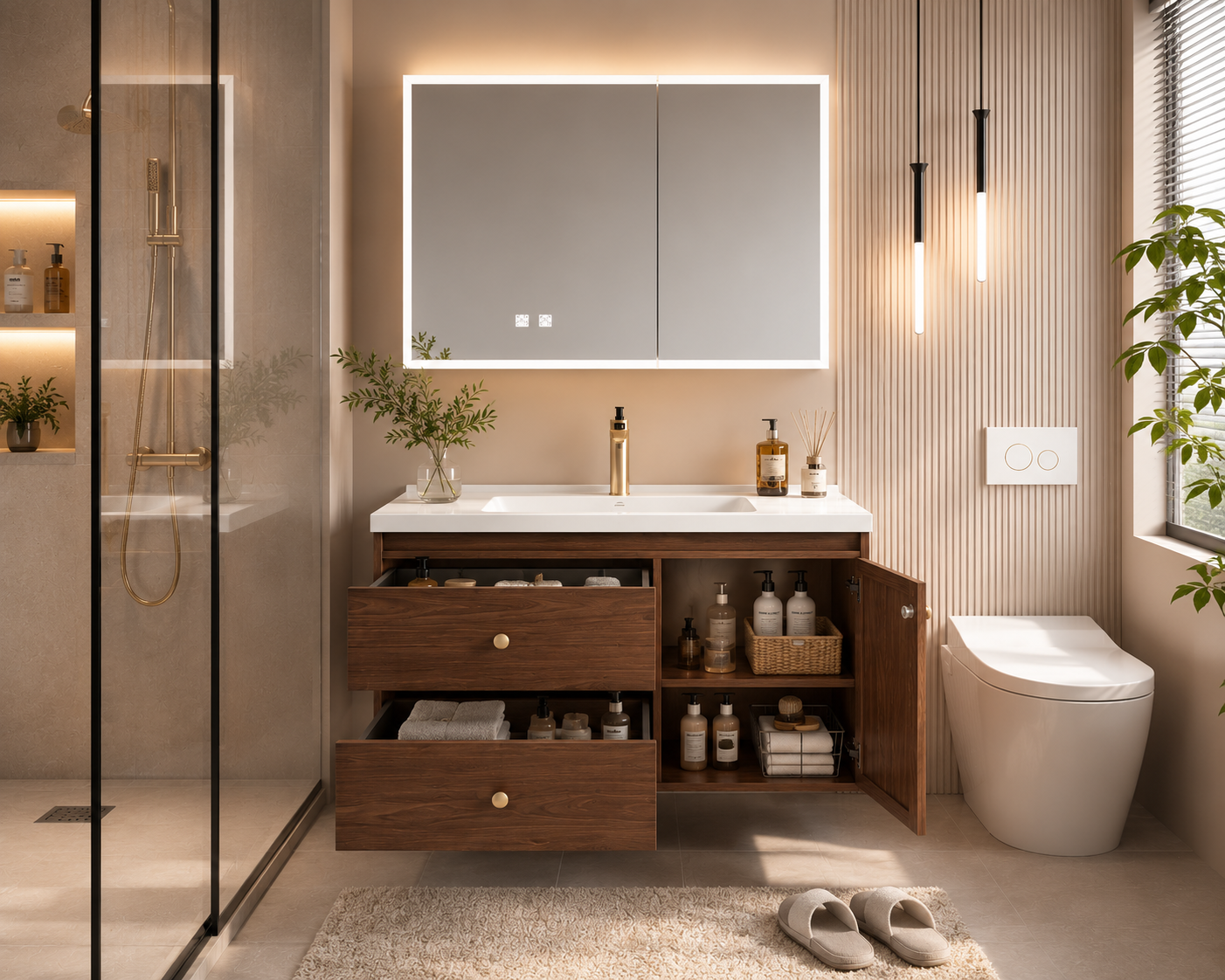 Modern Luxury Walnut-Colored Stainless Steel Bathroom Vanity with Integrated Basin, Washstand and Sink Cabinet Set