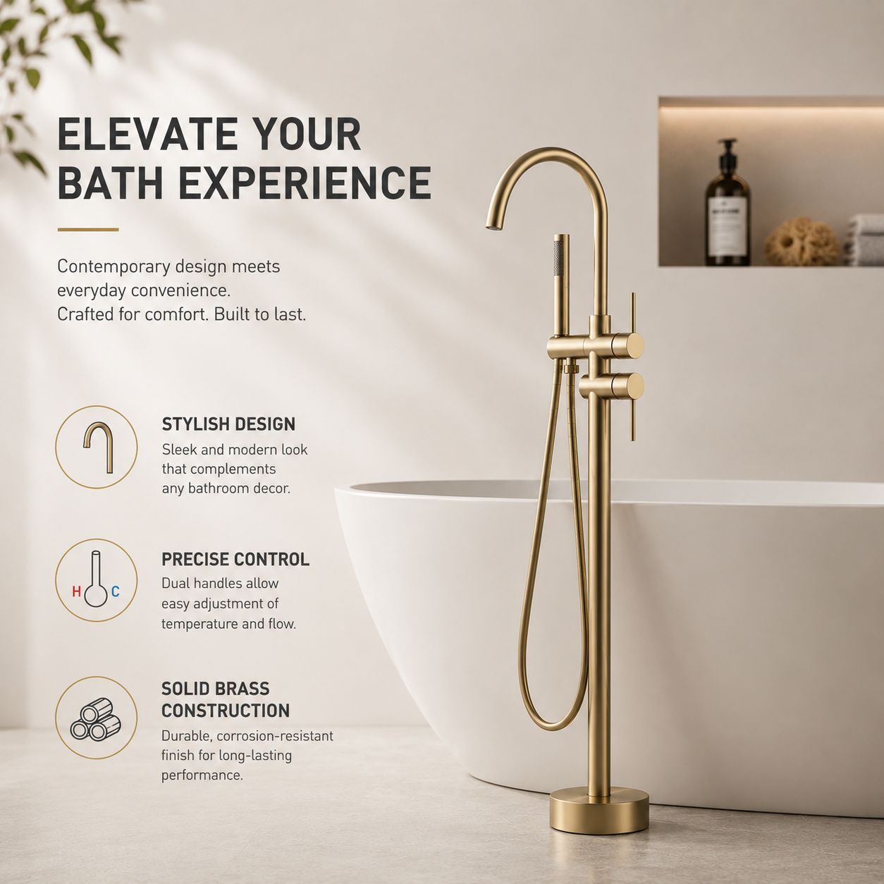 Floor-Standing Brass Bathtub Faucet