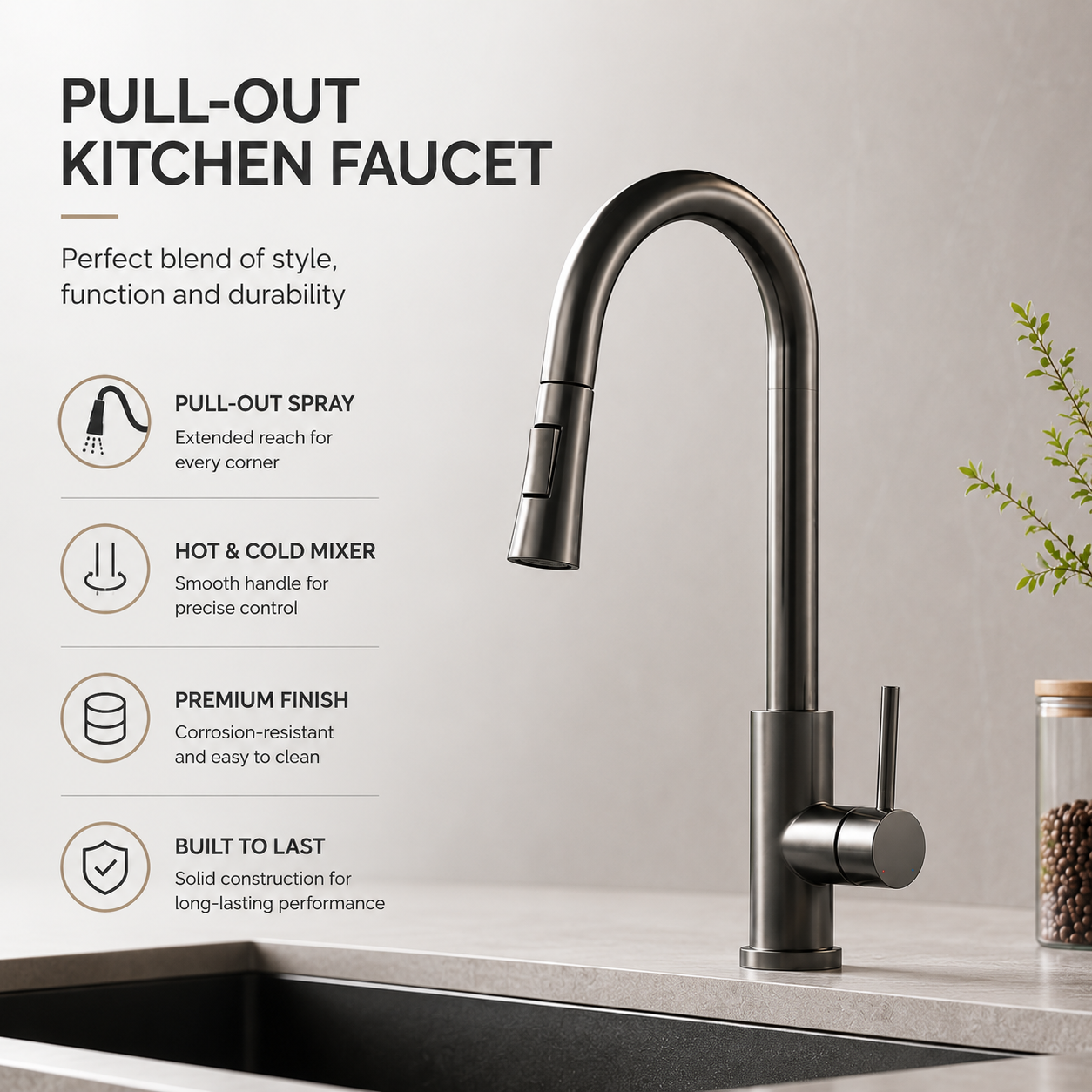 Pull-Out Kitchen Faucet — Hot & Cold