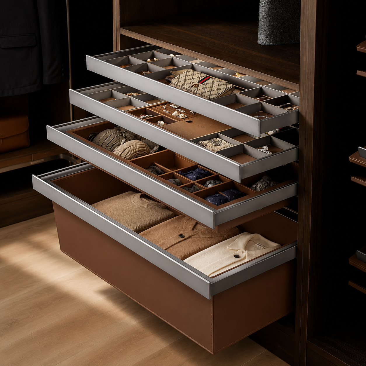 Pull-Out Leather Trouser Storage Basket for Wardrobe