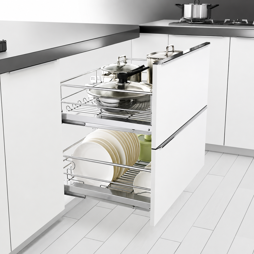 Three-Sided Kitchen Cabinet Pull-Out Dish Basket