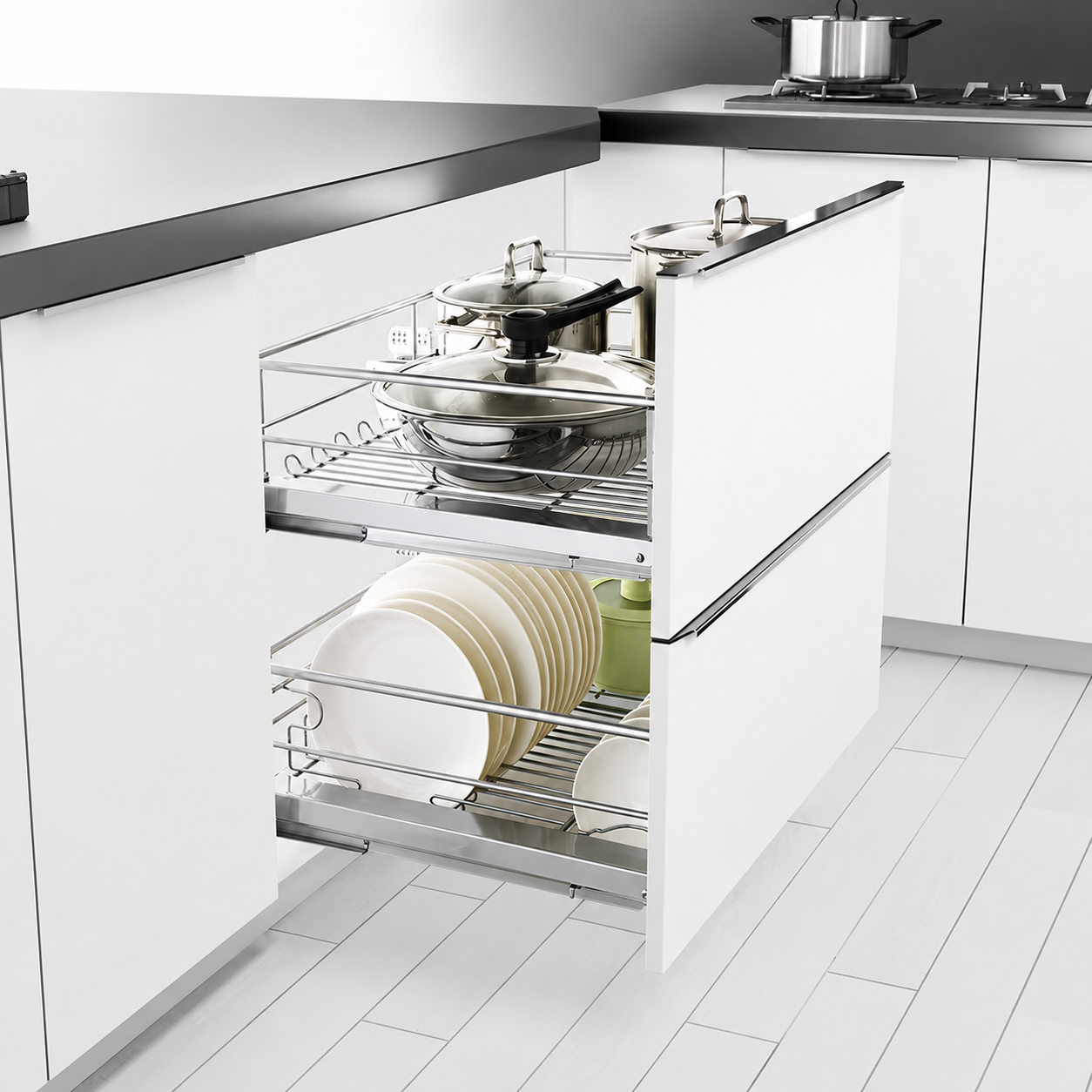 Three-Sided Kitchen Cabinet Pull-Out Dish Basket