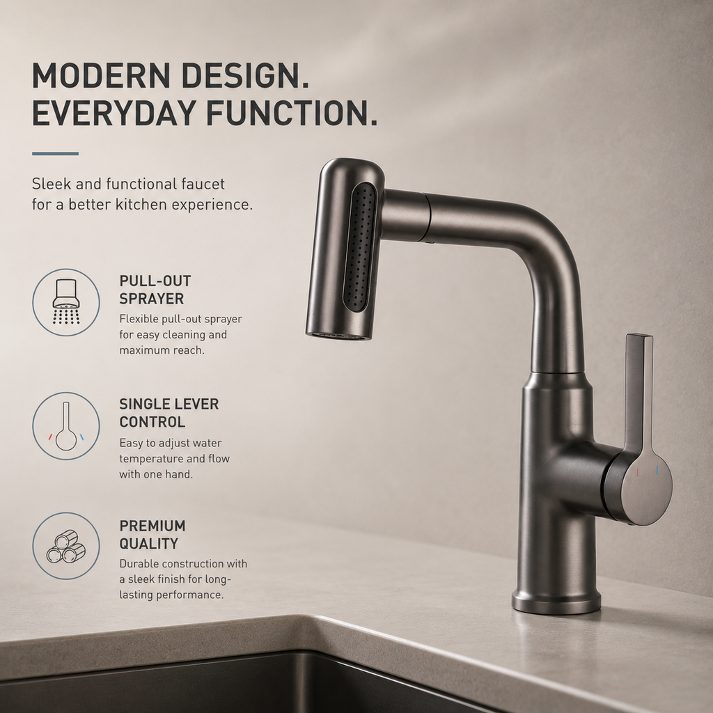 Gunmetal Gray Pull-Out Hot & Cold Basin Faucet
