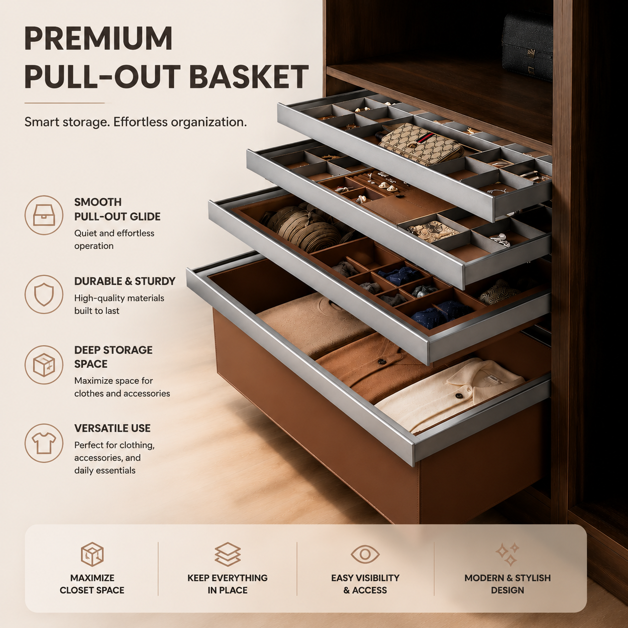 Pull-Out Leather Trouser Storage Basket for Wardrobe