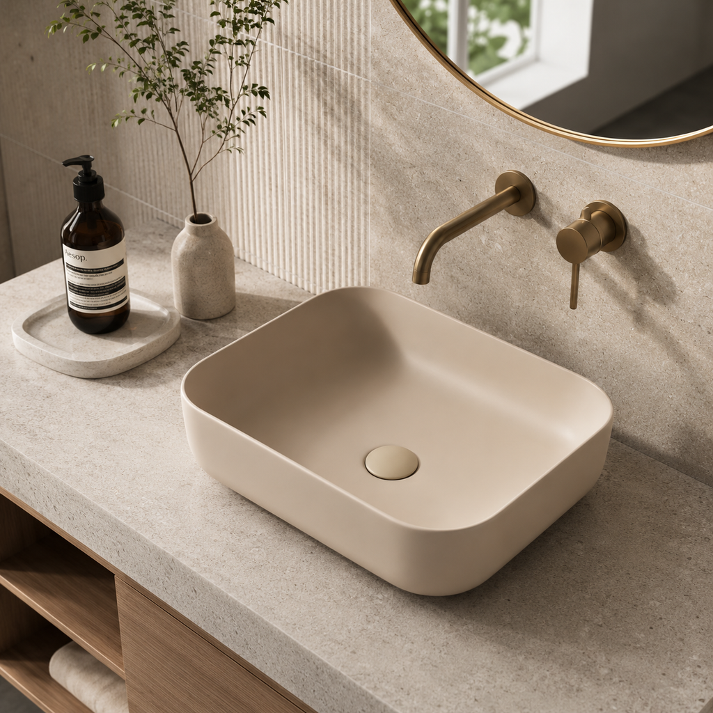 Khaki Matte Square Ceramic Countertop Basin — 500×400×135mm