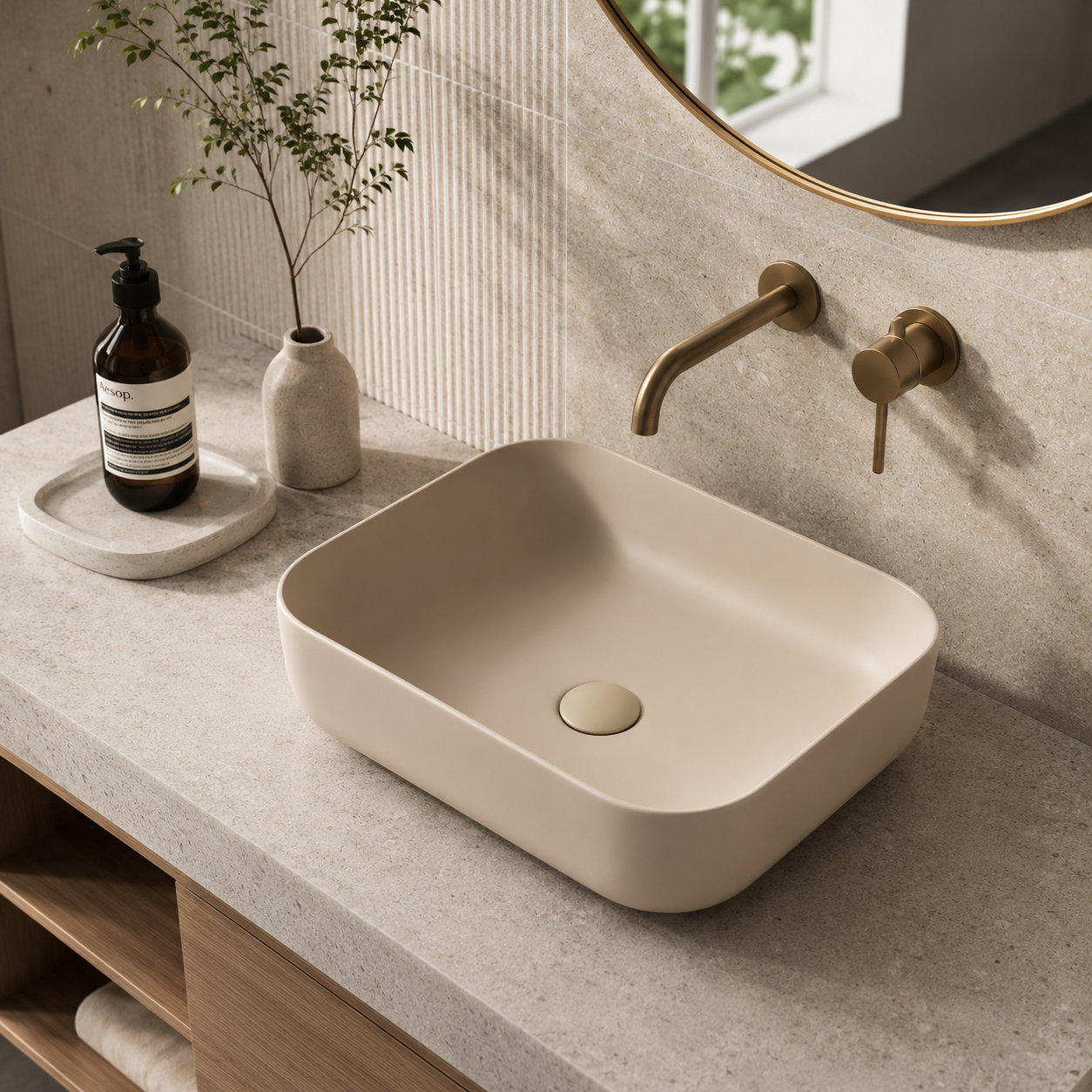 Khaki Matte Square Ceramic Countertop Basin — 500×400×135mm