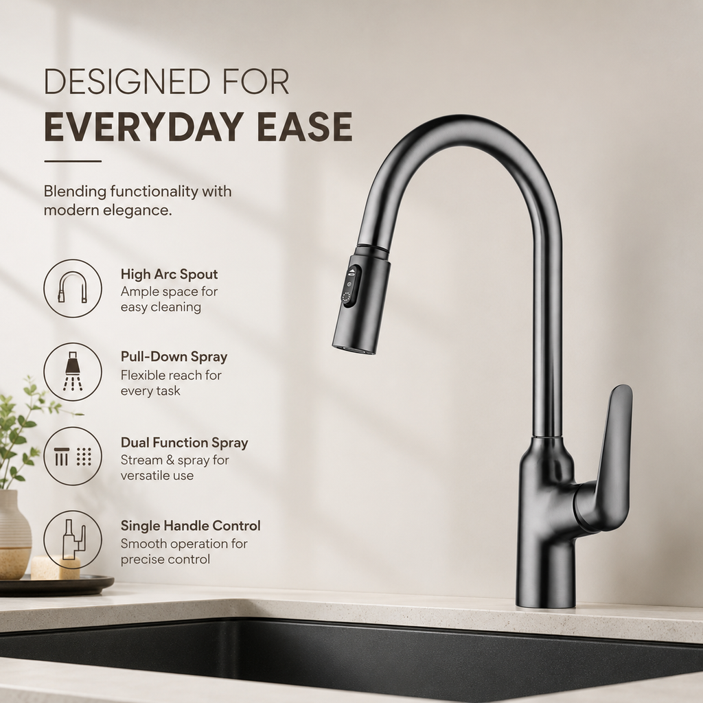 Gunmetal Gray Pull-Out Kitchen Faucet with 360° Swivel, Hot & Cold