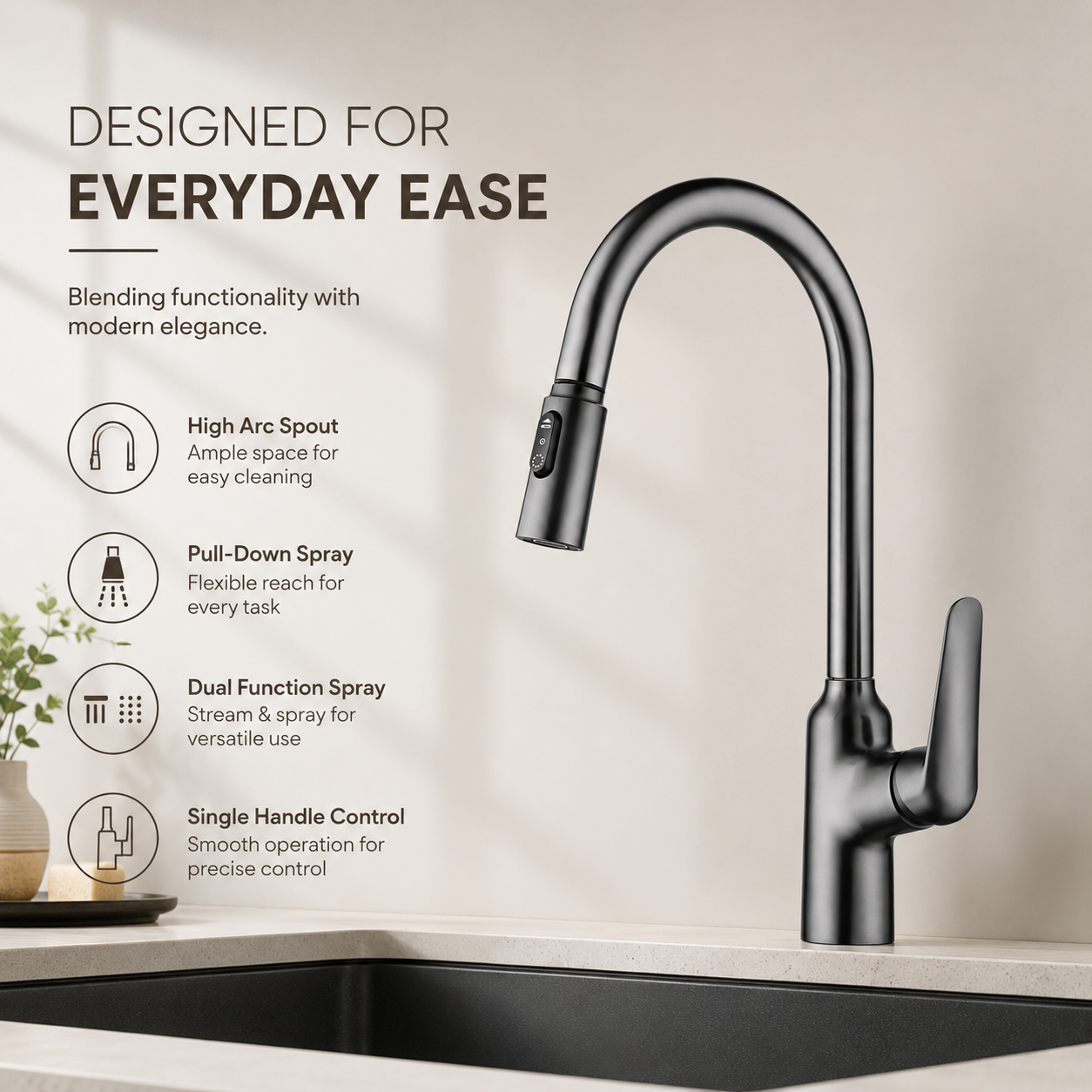 Gunmetal Gray Pull-Out Kitchen Faucet with 360° Swivel, Hot & Cold