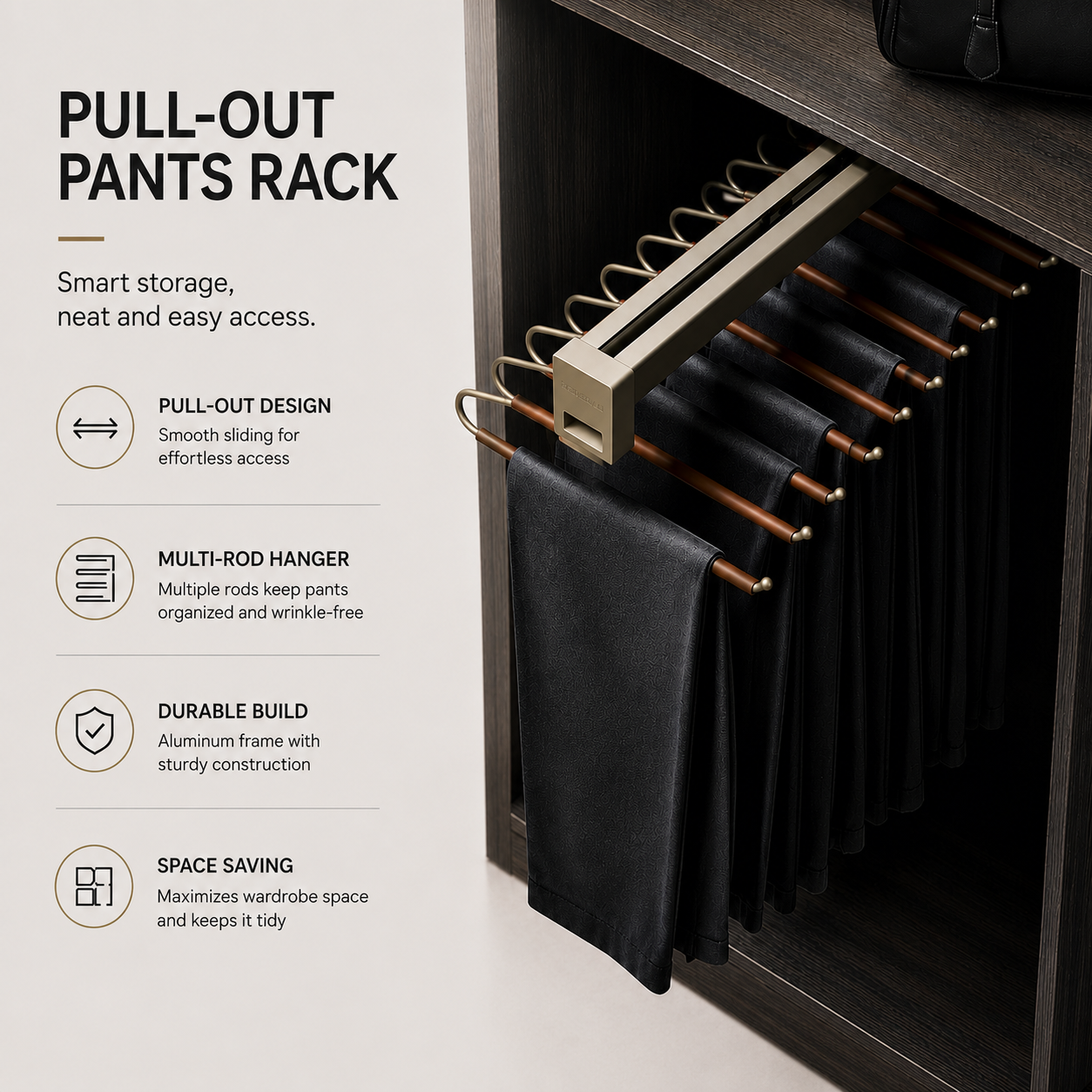 Top-Mounted Retractable Pull-Out Trouser Rack for Wardrobe & Walk-In Closet