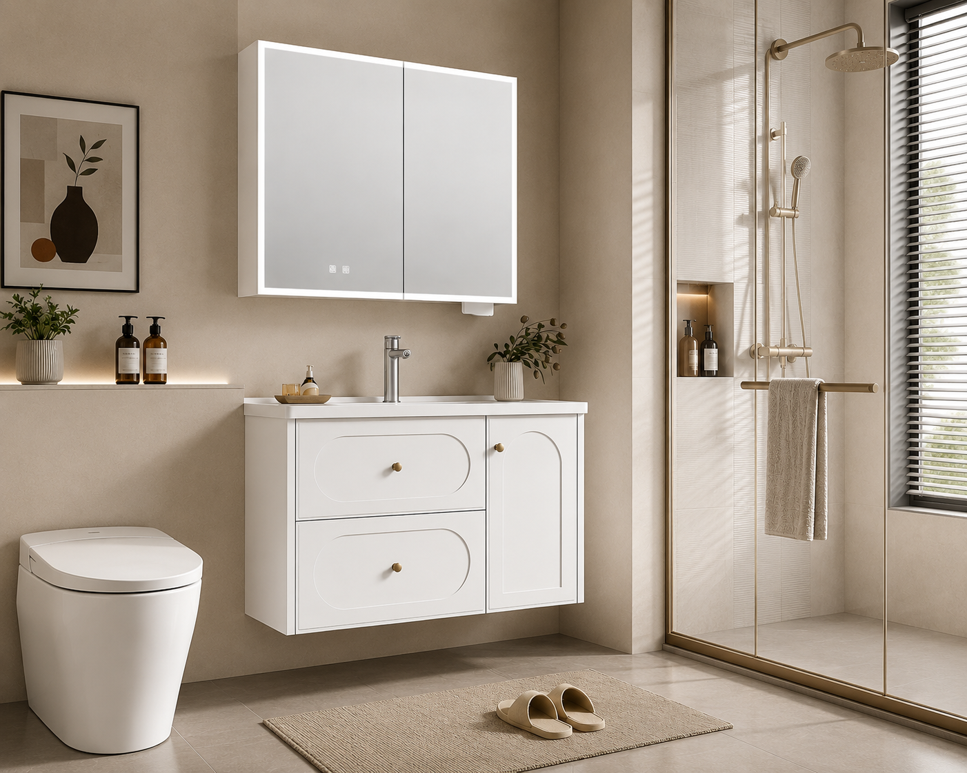 Ivory White Stainless Steel Modern Light Luxury Bathroom Vanity Set with Integrated Sink