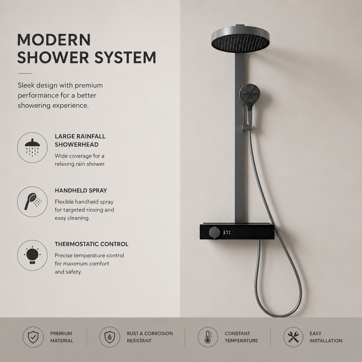 Digital Display Pressure-Boosting Shower Set with Overhead Rainfall