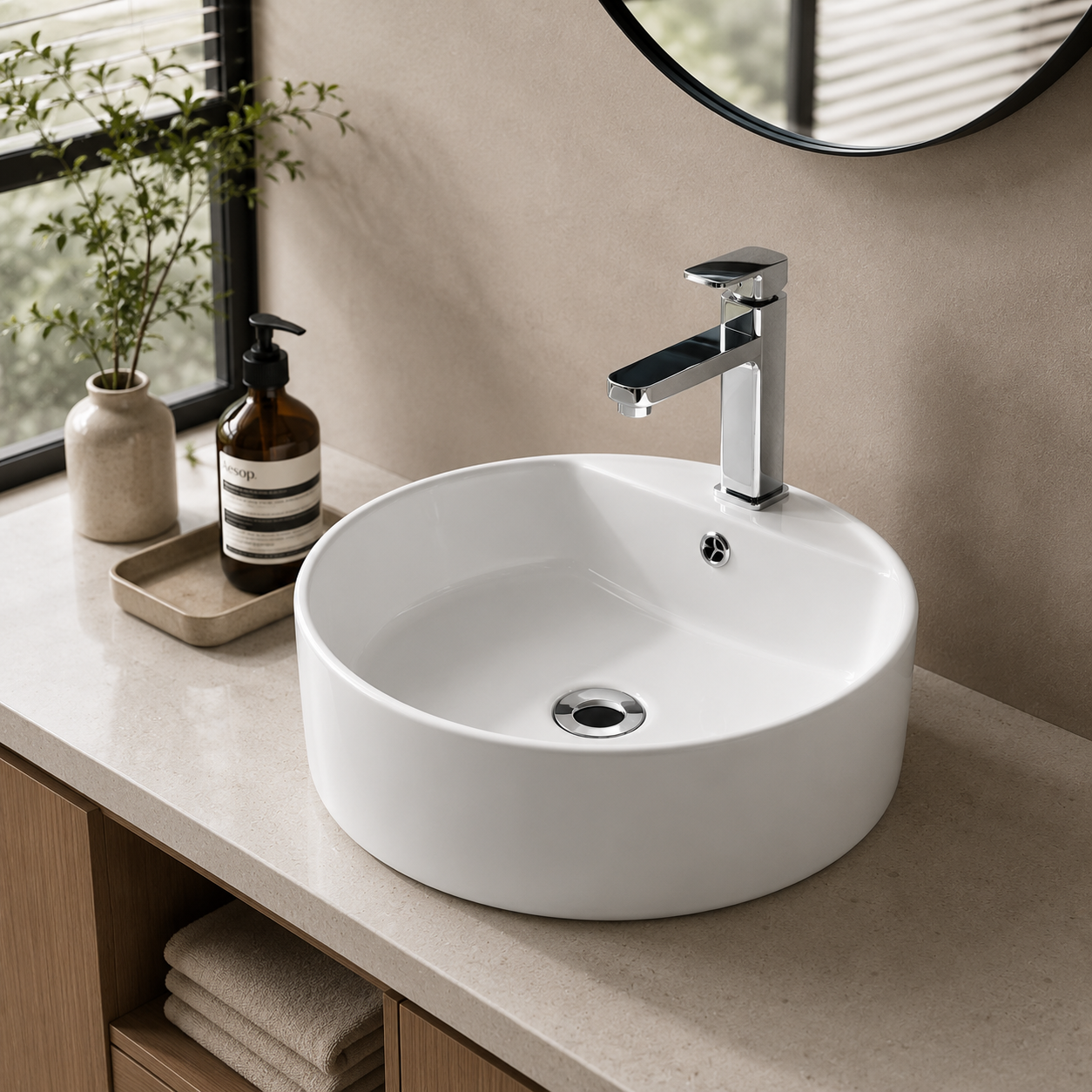 Household Ceramic Round Countertop Basin — Classic White, 465×465×155mm