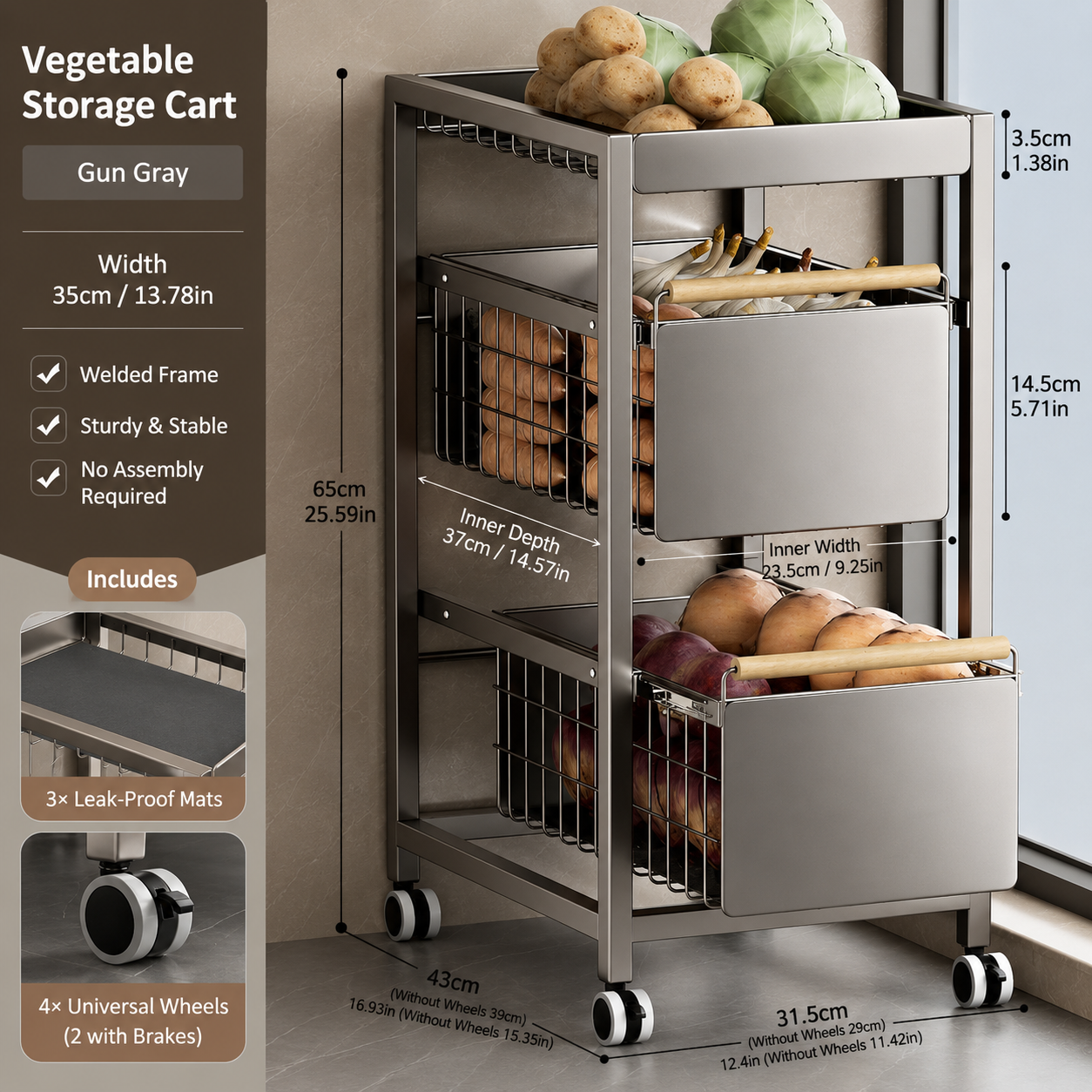 Pull-Out Cabinet Drawer Storage Trolley Rack for Fruits & Vegetables