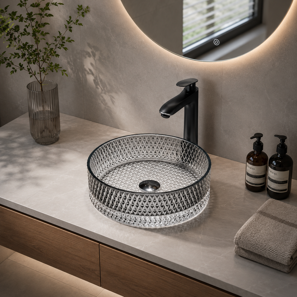 Diamond-Pattern Glass Vessel Basin — Light Luxury