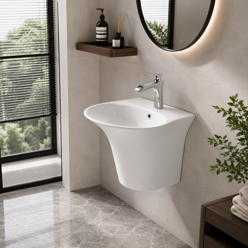 Household Ceramic Wall-Mounted Basin — Classic White, 490×450×340mm