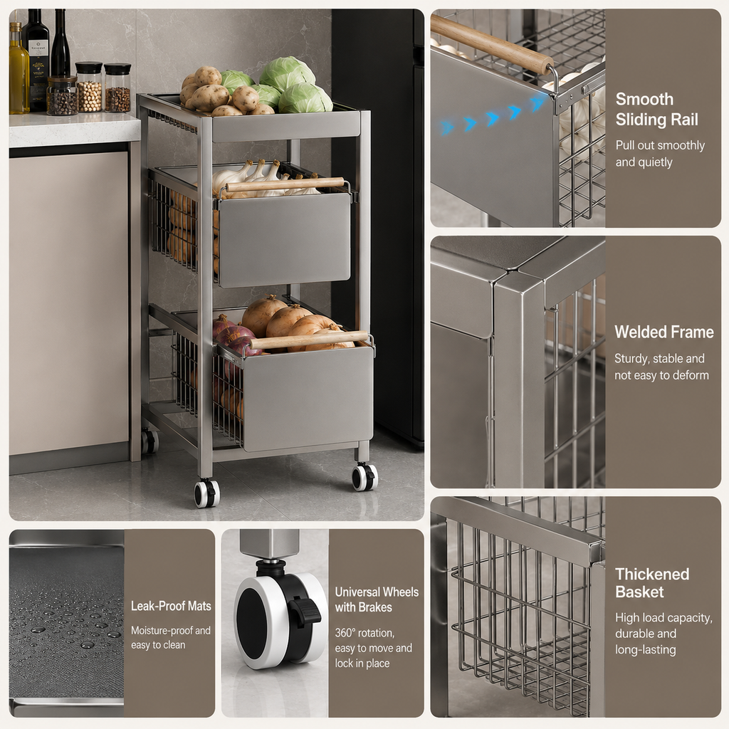 Pull-Out Cabinet Drawer Storage Trolley Rack for Fruits & Vegetables