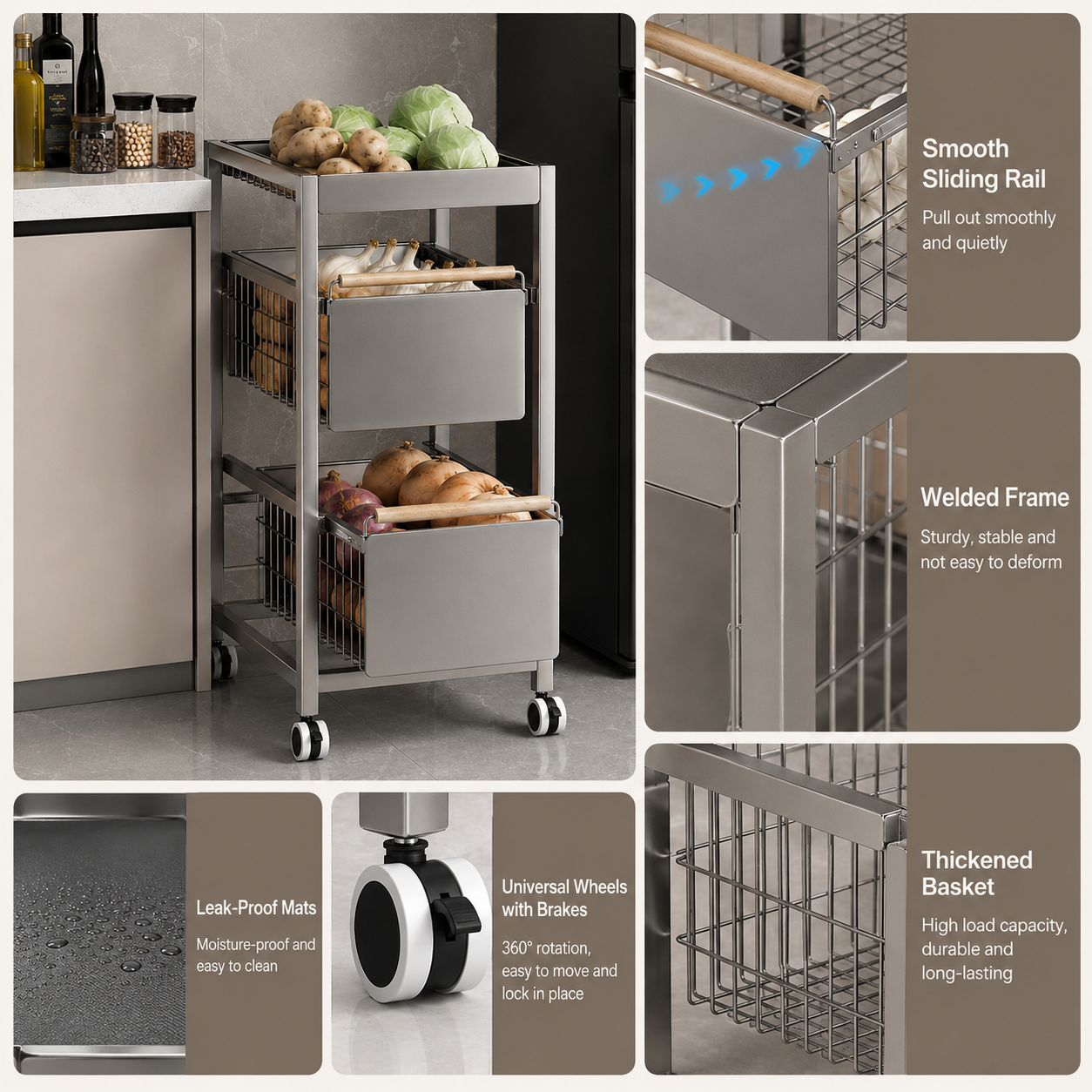 Pull-Out Cabinet Drawer Storage Trolley Rack for Fruits & Vegetables