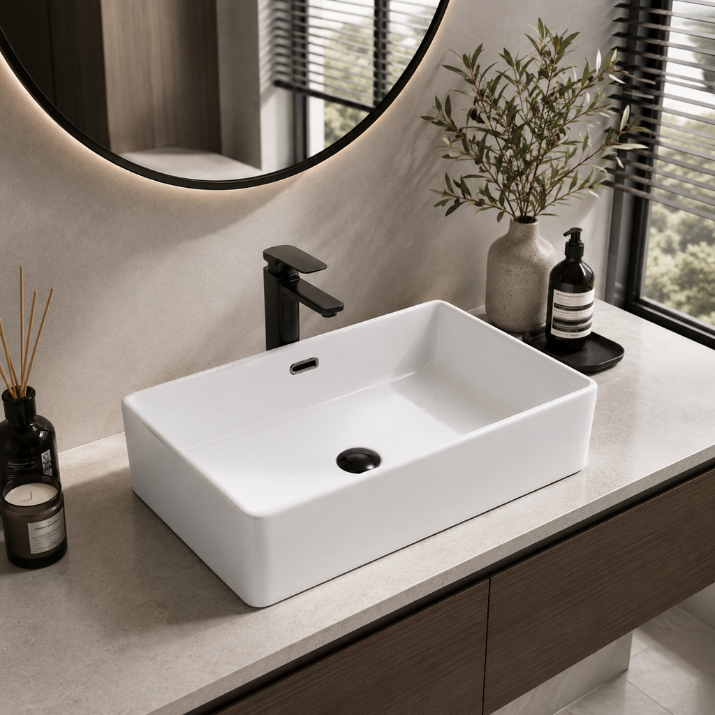 White Ceramic Countertop Basin — Modern Minimalist Square Wash Basin, 540×350×150mm
