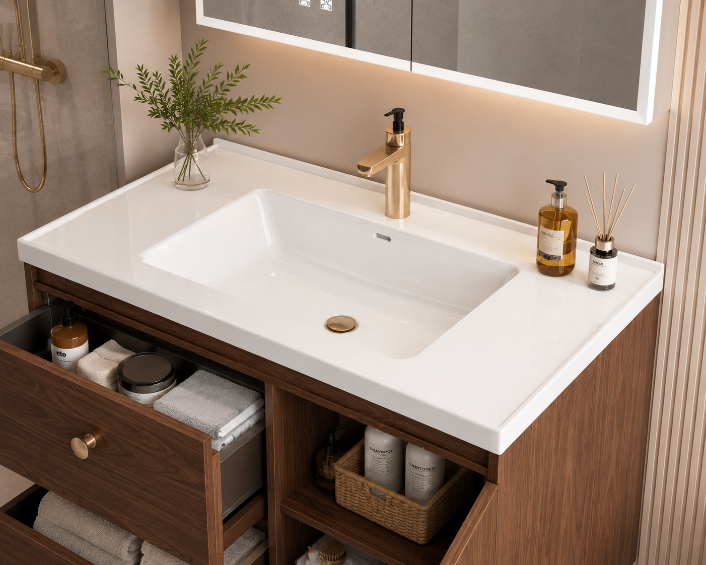 Modern Luxury Walnut-Colored Stainless Steel Bathroom Vanity with Integrated Basin, Washstand and Sink Cabinet Set